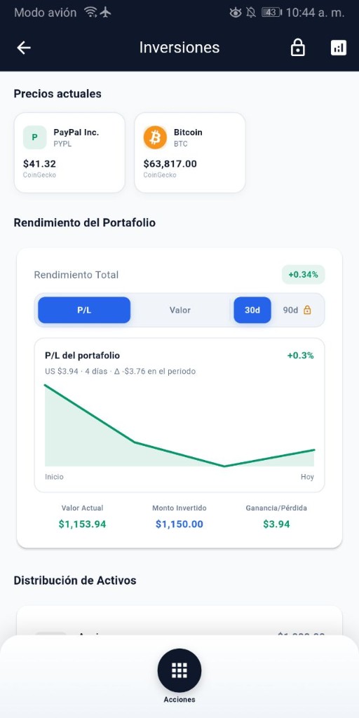 Portafolio con precios en vivo y gráfica de rendimiento